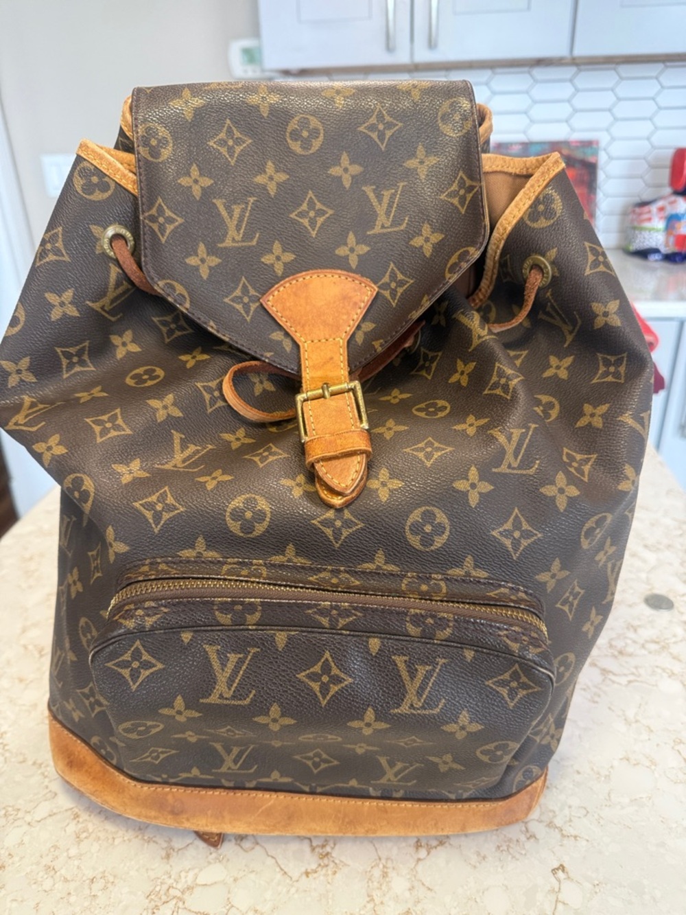 Louis Vuitton Monogram Canvas Backpack with Tan Leather Trim